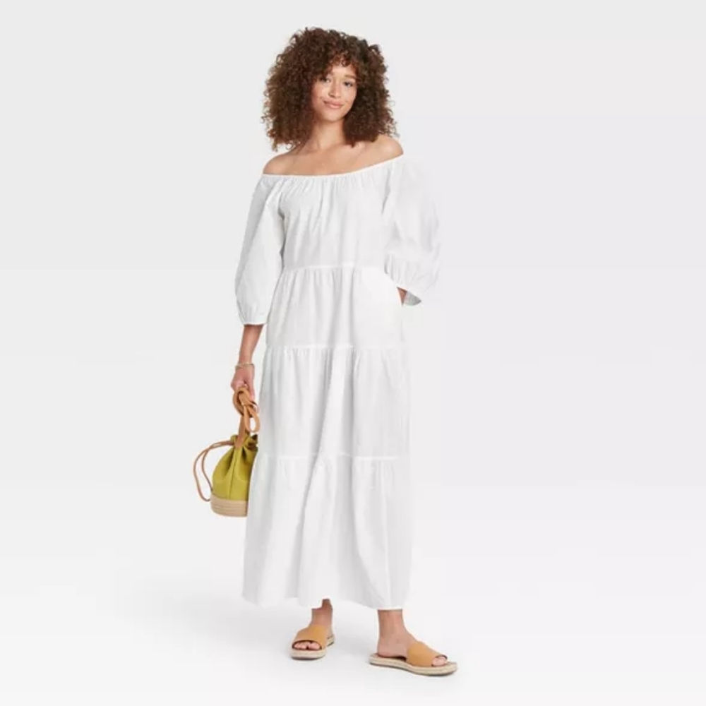 Boho Tiered Maxi Dress Puff Sleeve M pockets white